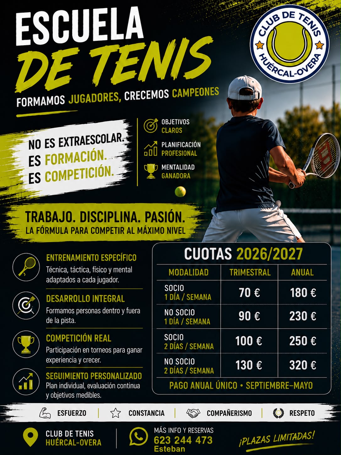 Cartel de la Escuela de Tenis 2026/2027 con información, tarifas y contacto